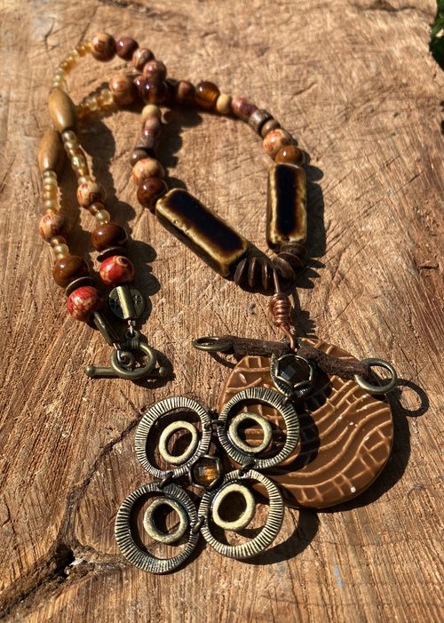 brass concentric circles  w ceramic  pendants  necklace/earring set  Autumnal collection - 1