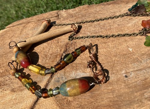 glass flowers and leaves  with wooden beads sourced from the Yantic River Autumnal collection - 1