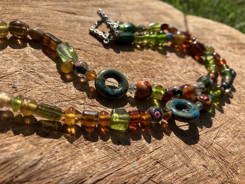 Velvet flower w rhinestone  a mix of lampwork glass czech glass wooden beads metal beads Autumnal collection - 1