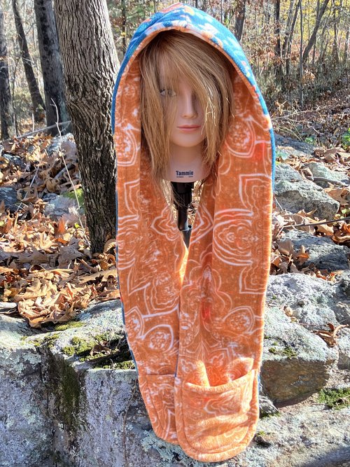 Handmade by Lucky Burrito Beautiful Hooded Scarves inspired by the designs of Sienna Rose* teal woodland and vegetation opposite orange mandala  motif reversible  Fleece