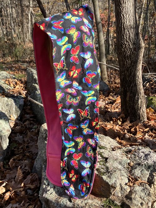 Handmade by Lucky Burrito Beautiful Hooded Scarves inspired by the designs of Sienna Rose* black background with rainbow butterfly motif Fleece reversible cotton and fleece 