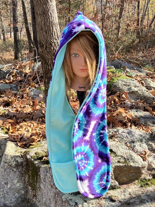 Handmade by Lucky Burrito Beautiful Hooded Scarves inspired by the designs of Sienna Rose* tie dye spiral of blue and purple with sea foam opposite 