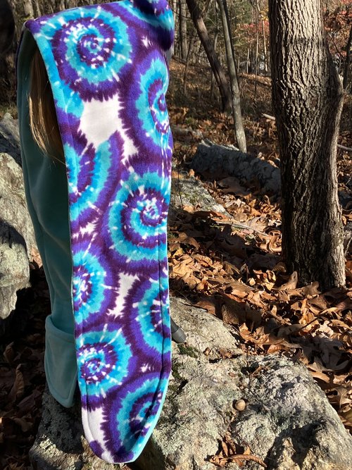 Handmade by Lucky Burrito Beautiful Hooded Scarves inspired by the designs of Sienna Rose* tie dye spiral of blue and purple with sea foam opposite 