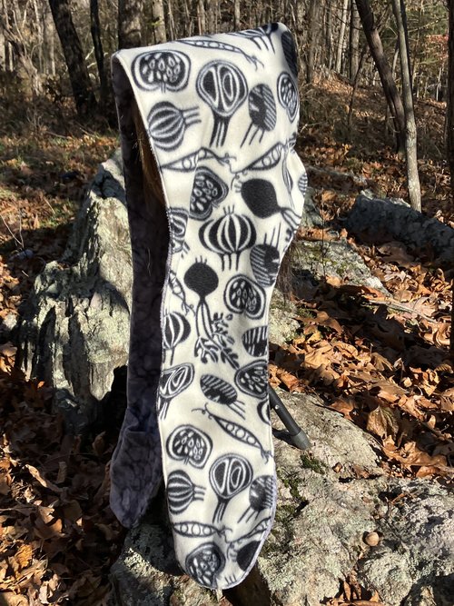 Handmade by Lucky Burrito Beautiful Hooded Scarves inspired by the designs of Sienna Rose*  wear your veggies motif opposite stone marble pattern fully reversible fleece