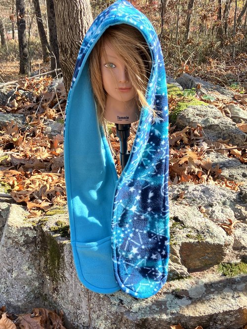 Handmade by Lucky Burrito Beautiful Hooded Scarves inspired by the designs of Sienna Rose* fully reversible Celestial winter sky constellations and snow flakes opposite coordinating blue fleece