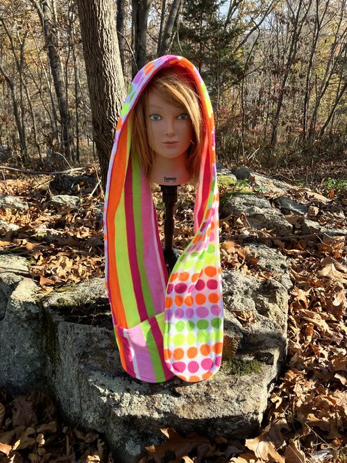 Handmade by Lucky Burrito Beautiful Hooded Scarves inspired by the designs of Sienna Rose* fully reversible black light reactive Polka Dots and Stripes in day glo colors 