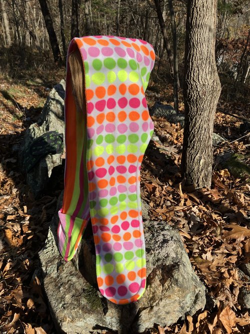 Handmade by Lucky Burrito Beautiful Hooded Scarves inspired by the designs of Sienna Rose* fully reversible black light reactive Polka Dots and Stripes in day glo colors 