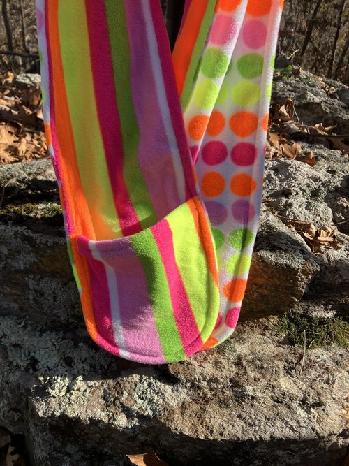 Handmade by Lucky Burrito Beautiful Hooded Scarves inspired by the designs of Sienna Rose* fully reversible black light reactive Polka Dots and Stripes in day glo colors 