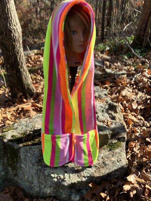 Handmade by Lucky Burrito Beautiful Hooded Scarves inspired by the designs of Sienna Rose* fully reversible black light reactive Polka Dots and Stripes in day glo colors 