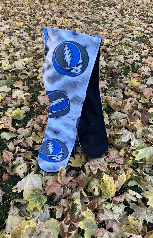 Handmade by Lucky Burrito Beautiful Hooded Scarves inspired by the designs of Sienna Rose*    Grateful Dead licensed steal your face (stealie) with coordinating black opposite  fleece