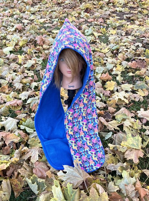 Handmade by Lucky Burrito Beautiful Hooded Scarves inspired by the designs of Sienna Rose*   vivid  psychedelic mushroom pattern wih coordinating  azure blue opposite reversible fleece 