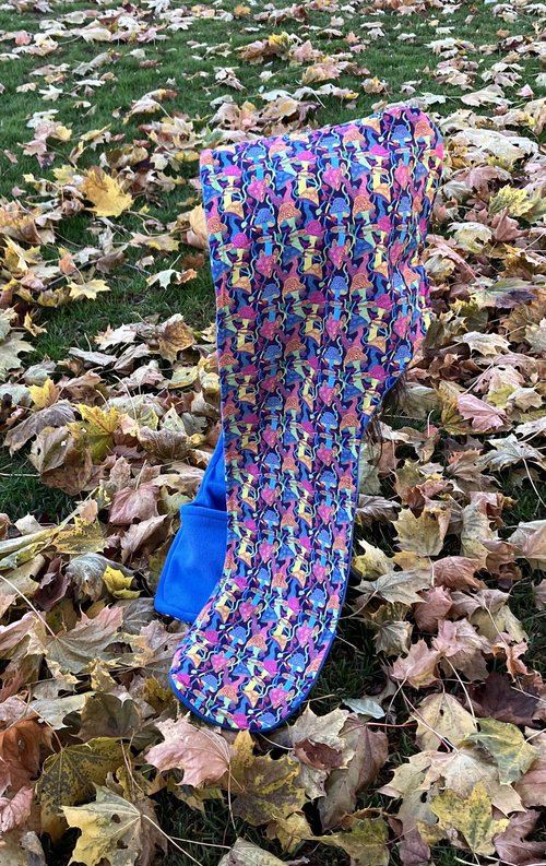 Handmade by Lucky Burrito Beautiful Hooded Scarves inspired by the designs of Sienna Rose*   vivid  psychedelic mushroom pattern wih coordinating  azure blue opposite reversible fleece 