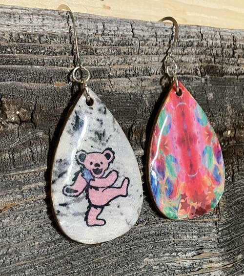 Handmade by Lucky Burrito Grateful Dead pink dancing bear wood earrings