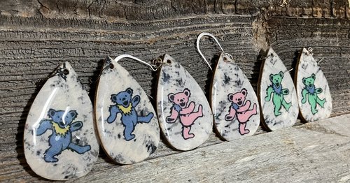 Handmade by Lucky Burrito Grateful Dead green dancing bear wood earrings