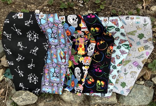 Handmade coffin bag by Lucky Burrito with Day of the dead and red roses fabric