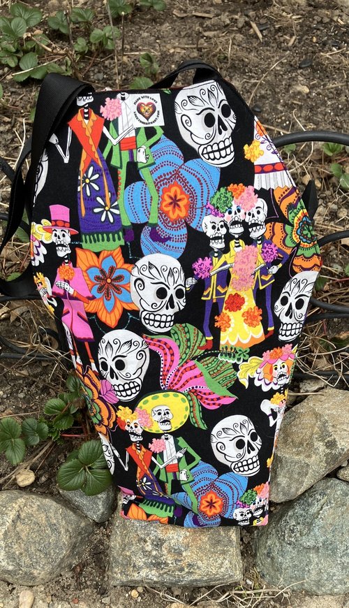 Handmade coffin bag by Lucky Burrito with Day of the dead and red roses fabric