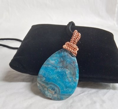 teardrop  copper wrapped blue banded agate necklace