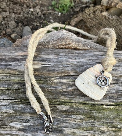 River Glass Necklace  sea shell  silver ships wheel pendant 26 in Hemp cord