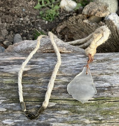 River Glass Necklace  brown river glass on copper wire wrapped 25 in  Hemp cord