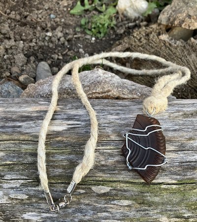 River Glass Necklace  brown river glass on silver wire wrapped 26 in  Hemp cord