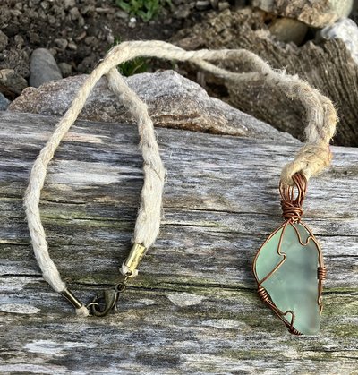 River Glass Necklace  copper wrapped antique glass on Hemp 