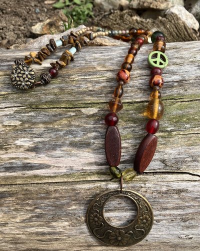 Flowers and peace sign earth toned  beaded necklace 