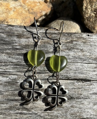 fish hook earrings with glass green hearts and shamrocks