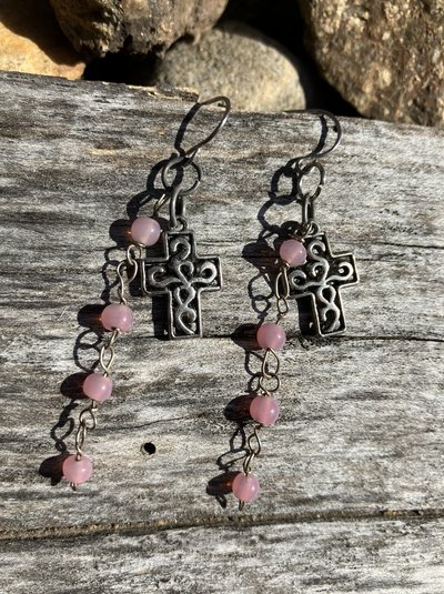 Metalic cross charms with rosary styled rose pink beads on  fish hook earrings