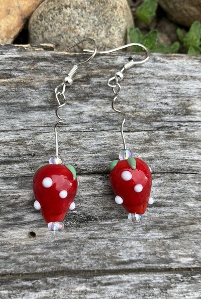 Lamp work strawberries  glass beads fish hook earrings