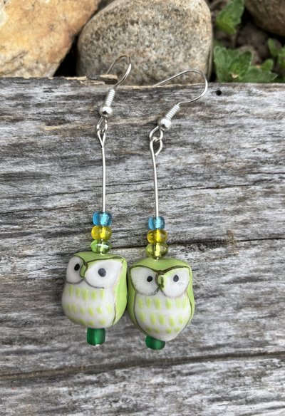 ceramic lime green owls  with little glass beads fish hook earrings