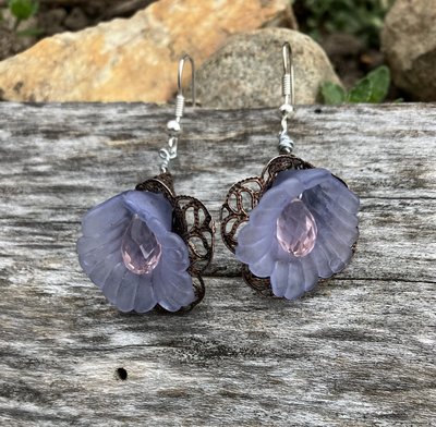 Lucite flower bead ruffled purple Calla lily with tear drop pink crystal and metal  filigree bead cap  fish hook earrings