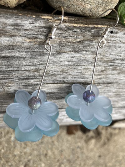frosted pale blue shades Lucite flower bead  on a metal post with floating iridescent round bead   fish hook earrings