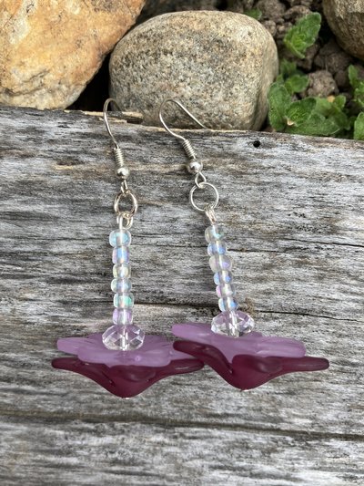 frosted pink and plum  shades Lucite flower bead  rondelle crystal bead and glass beads   fish hook earrings