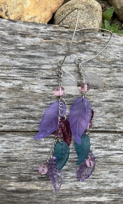 delicate chain with 5 lucite leaves of various colors and 3 pink accent beads  dramatic drop earrings