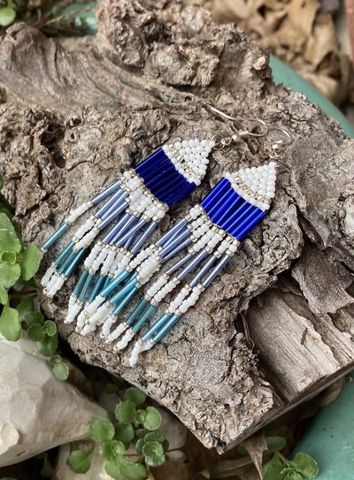 Cobalt, periwinkle , white , sivler and teal chevron Chandelier earrings