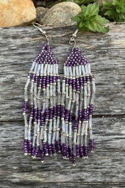 purple and iridescent beaded chevron Chandelier  earrings
