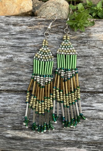 Green and gold beaded chevron Chandelier earrings