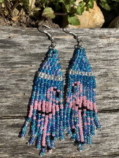Pink Flamingo on a sparkly blue background of  seed bead earrings