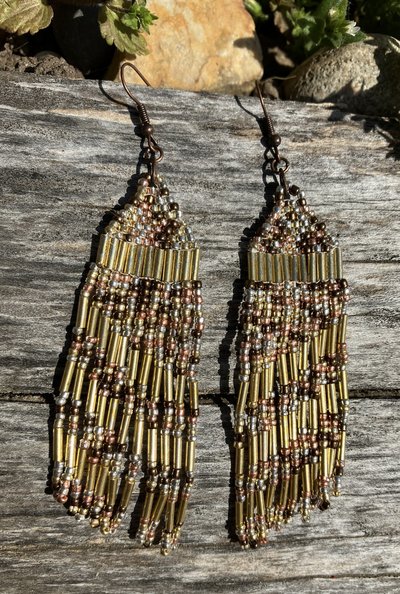 Asymmetrical  gold,copper silver colored seed beaded earrings