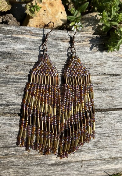 Asymmetrical  gold, brown iridescent rainbow colored seed beaded earrings