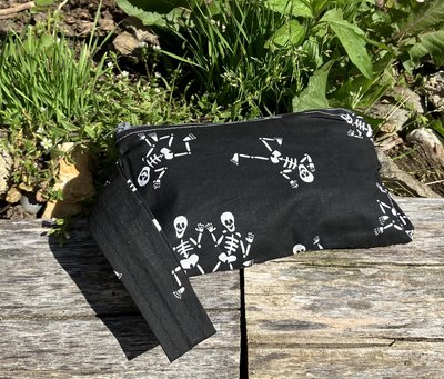 Handmade by Lucky Burrito dancing skeleton on black motif zippered wristlet bags (clutch) M