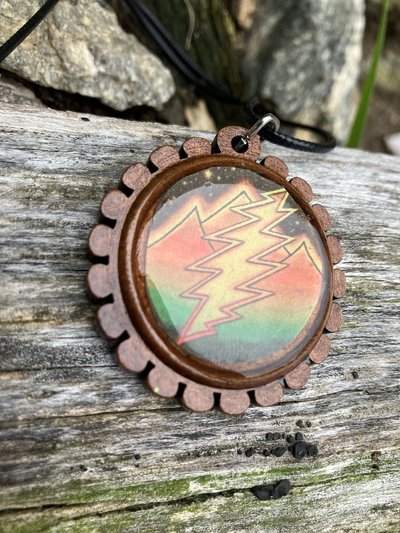 lightning bolt with Mountains wooden pendant necklace