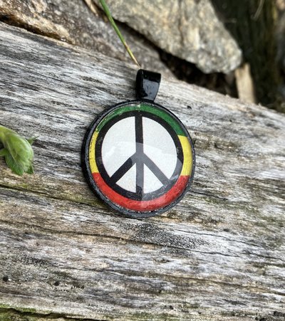 Rastafarian themed Peace sign  Glass   and metal Pendant