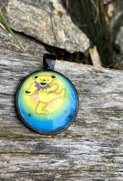 Grateful Dead Dancing Bear  glass and metal pendant