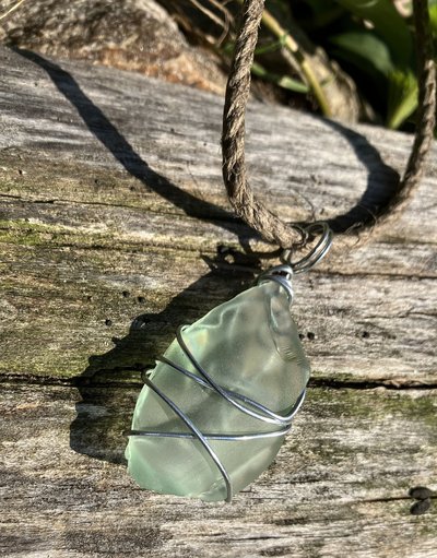 River Glass Necklace antique glass criss cross on hemp
