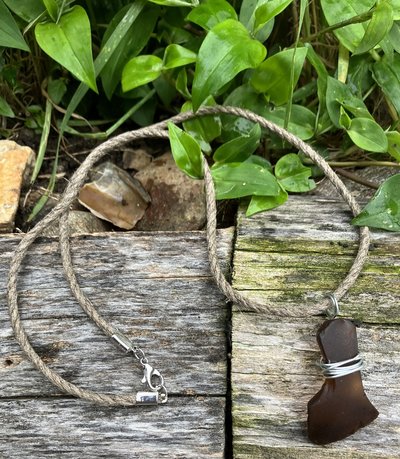River Glass Necklace  wrapped brown glass hemp cord 