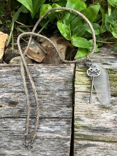 River Glass Necklace  antique glass gunmetal skeleton key  hemp cord 