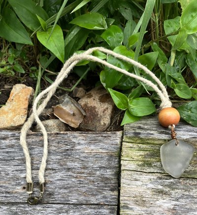 River Glass Necklace  antique glass wooden bead hemp cord 