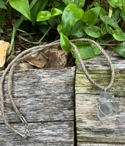 River Glass Necklace wire wrapped clear antique glass on hemp cord 