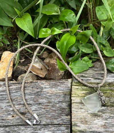 River Glass Necklace wire wrapped clear antique glass  w robot charm hemp cord 
